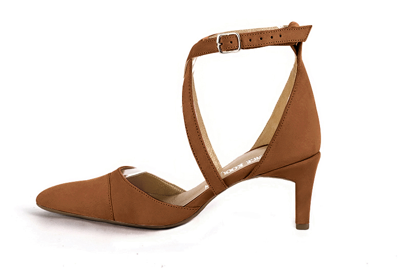 Caramel brown women's open side shoes, with crossed straps. Tapered toe. Medium comma heels. Profile view - Florence KOOIJMAN